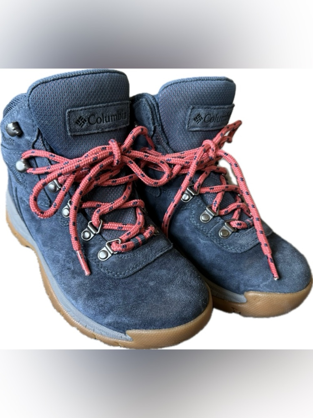 Columbia Navy Suede Hiking Boots with Coral Pink Laces